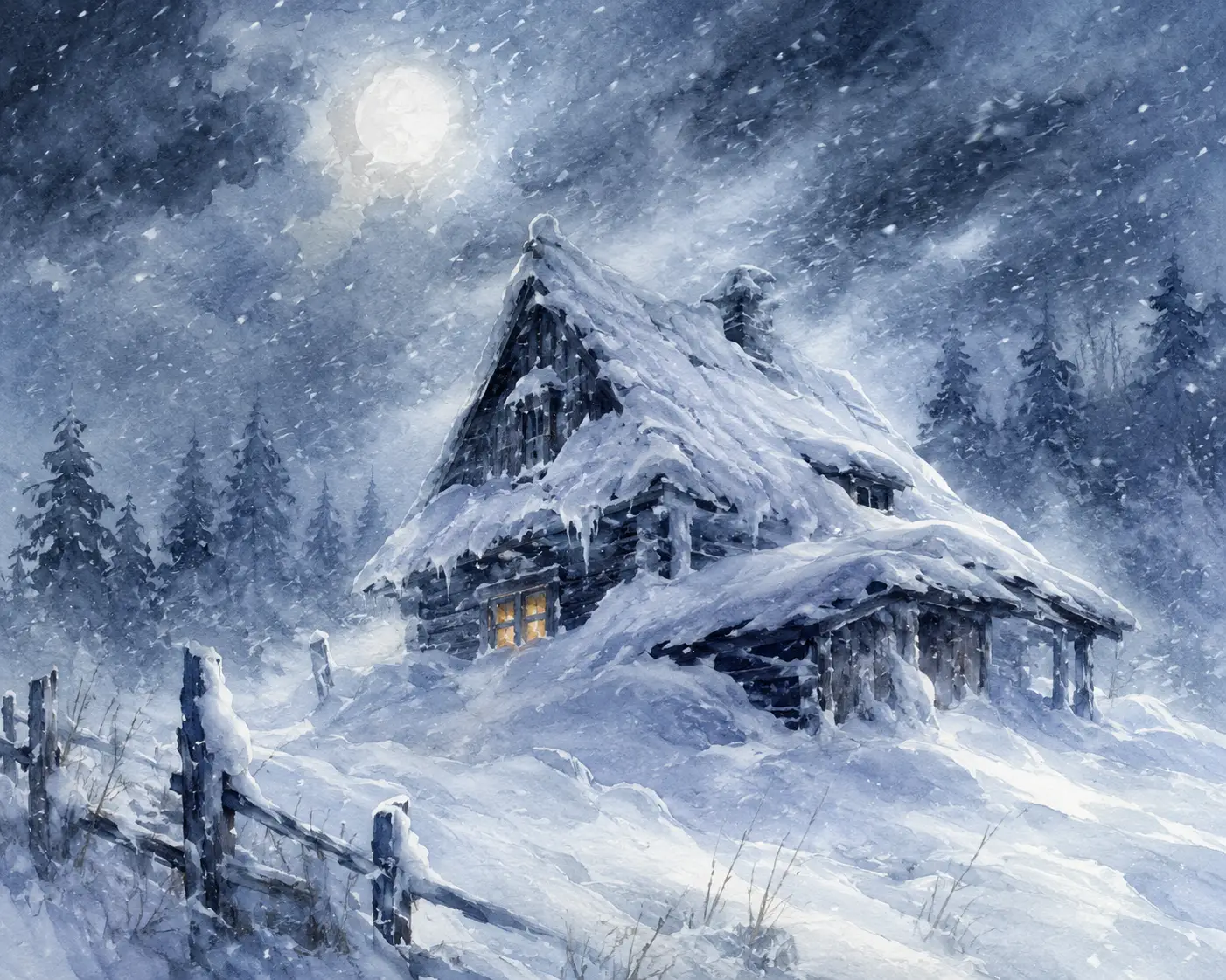 Rustikales Bauernhaus im heftigen Winterblizzard – Aquarellszene