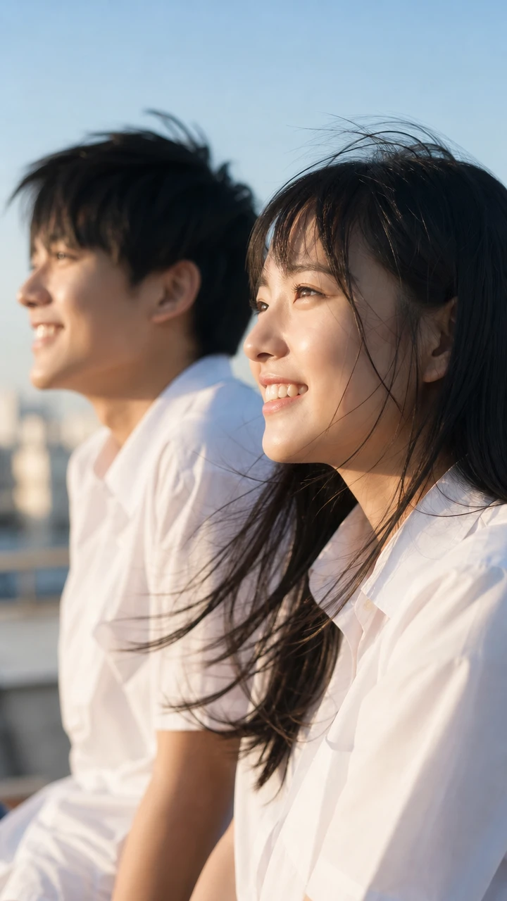 Pareja de estudiantes japoneses sonriendo a la luz dorada del atardecer