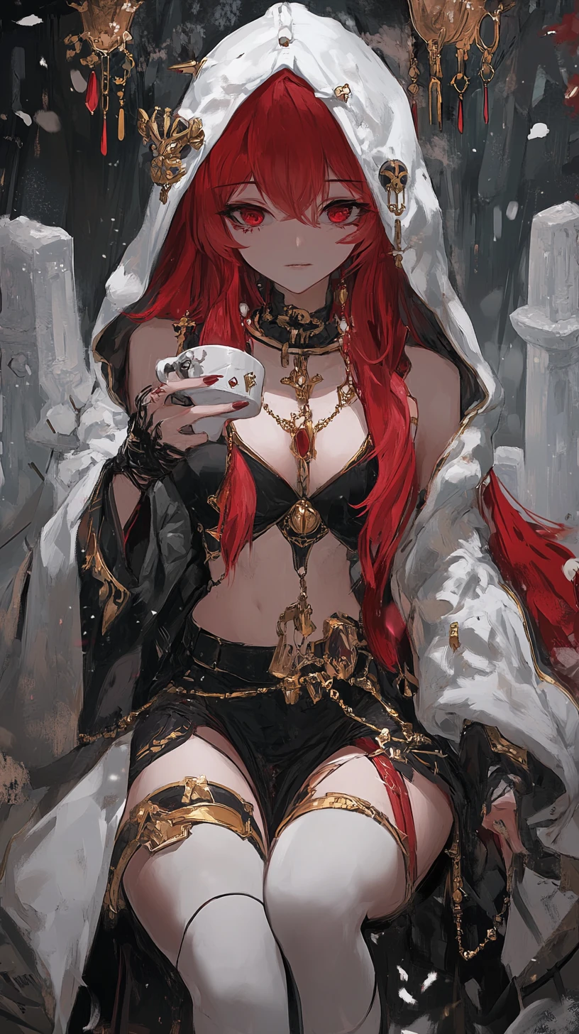 Red haired fantasy girl with sword on overgrown city cliff