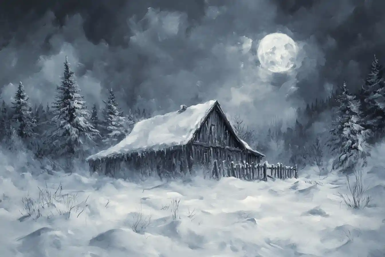 Rustic farmhouse buried in snow during fierce blizzard night