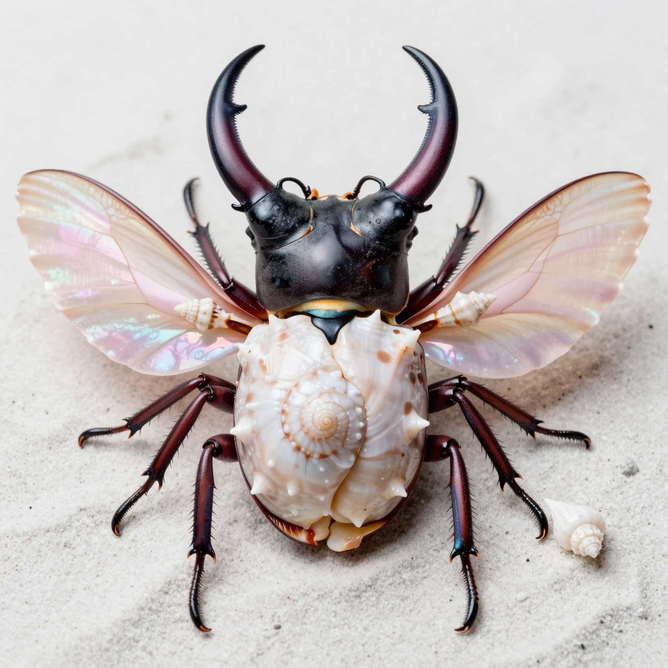 Macro seashell stag beetle sculpture on sand background
