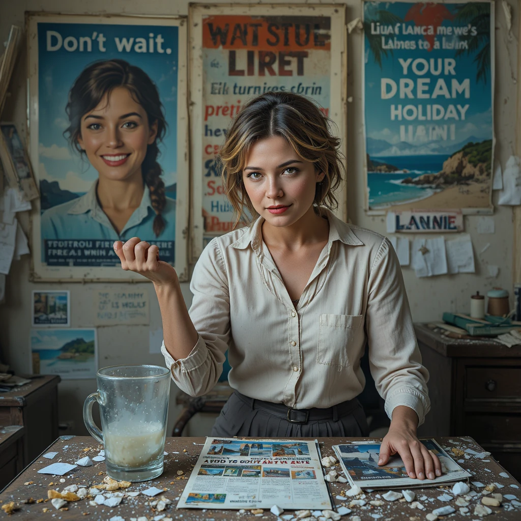 Damaged travel agency poster above dusty glass on table