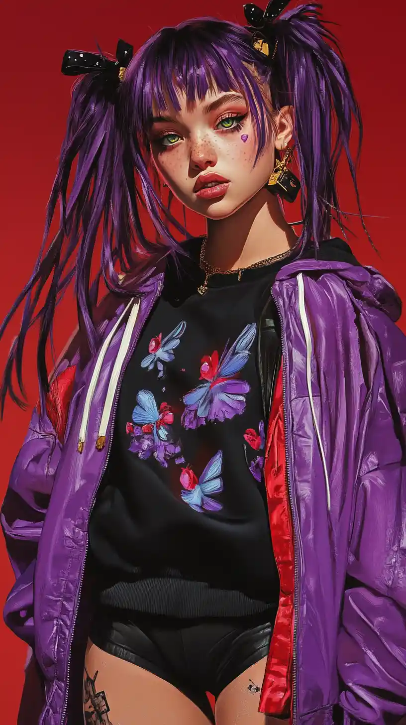 Stylish anime girl with purple hair and bold streetwear
