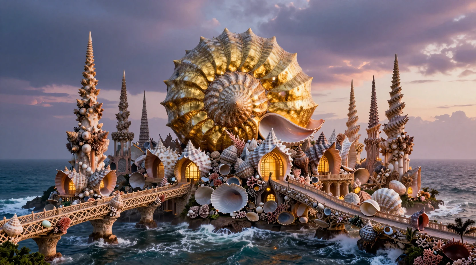 Colossal Seashell Cathedral On A Mystical Twilight Shore