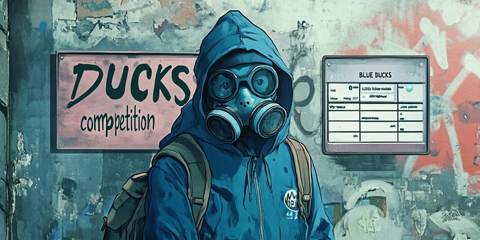 Mann mit Enten-Gasmaske spricht an urbanem Graffiti-Rednerpult