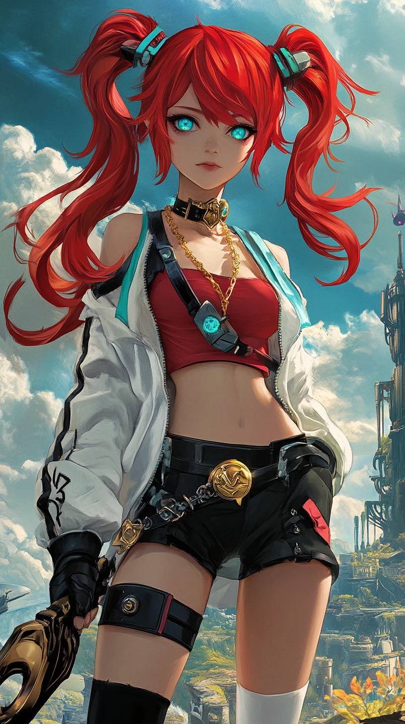 Blue fantasy girl warrior with sword on cliff