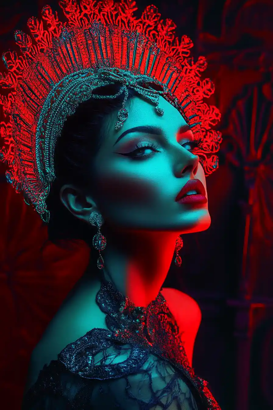 Fierce fantasy woman in ornate Mayan and Roman inspired regalia