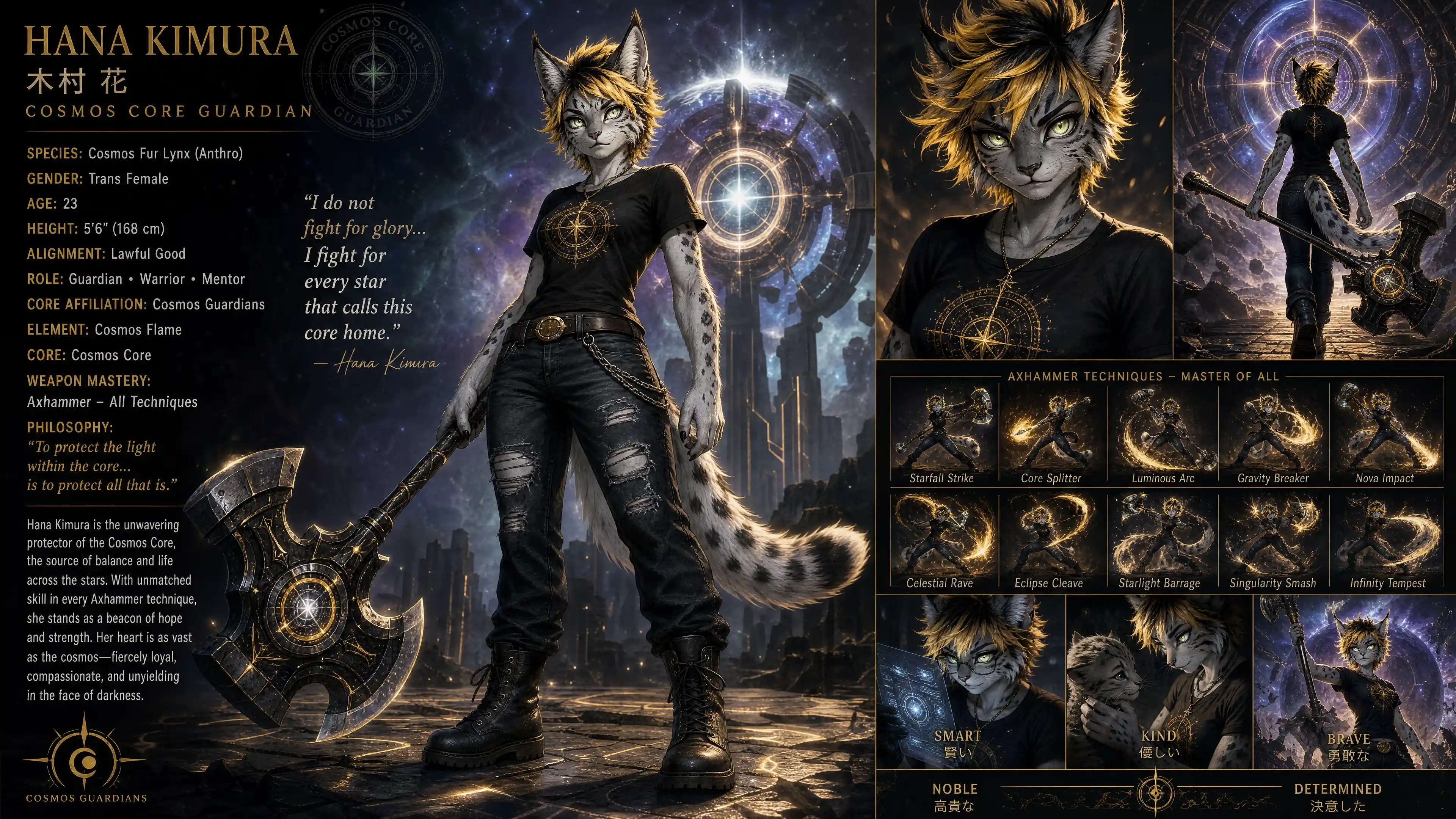 Anthro cosmos lynx guardian with glowing silver green eyes