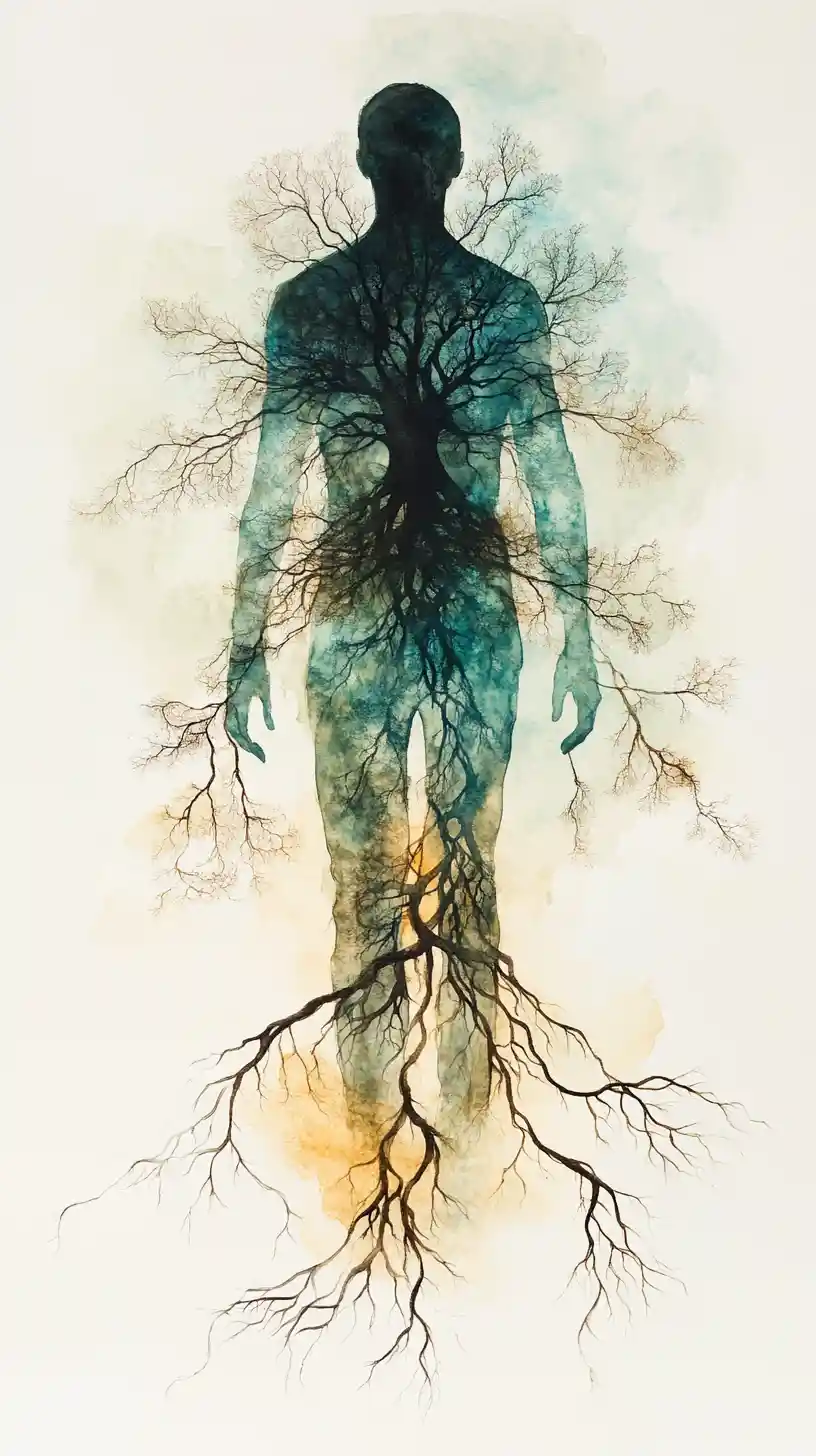 Ethereal guardian tending human shaped trees of memory