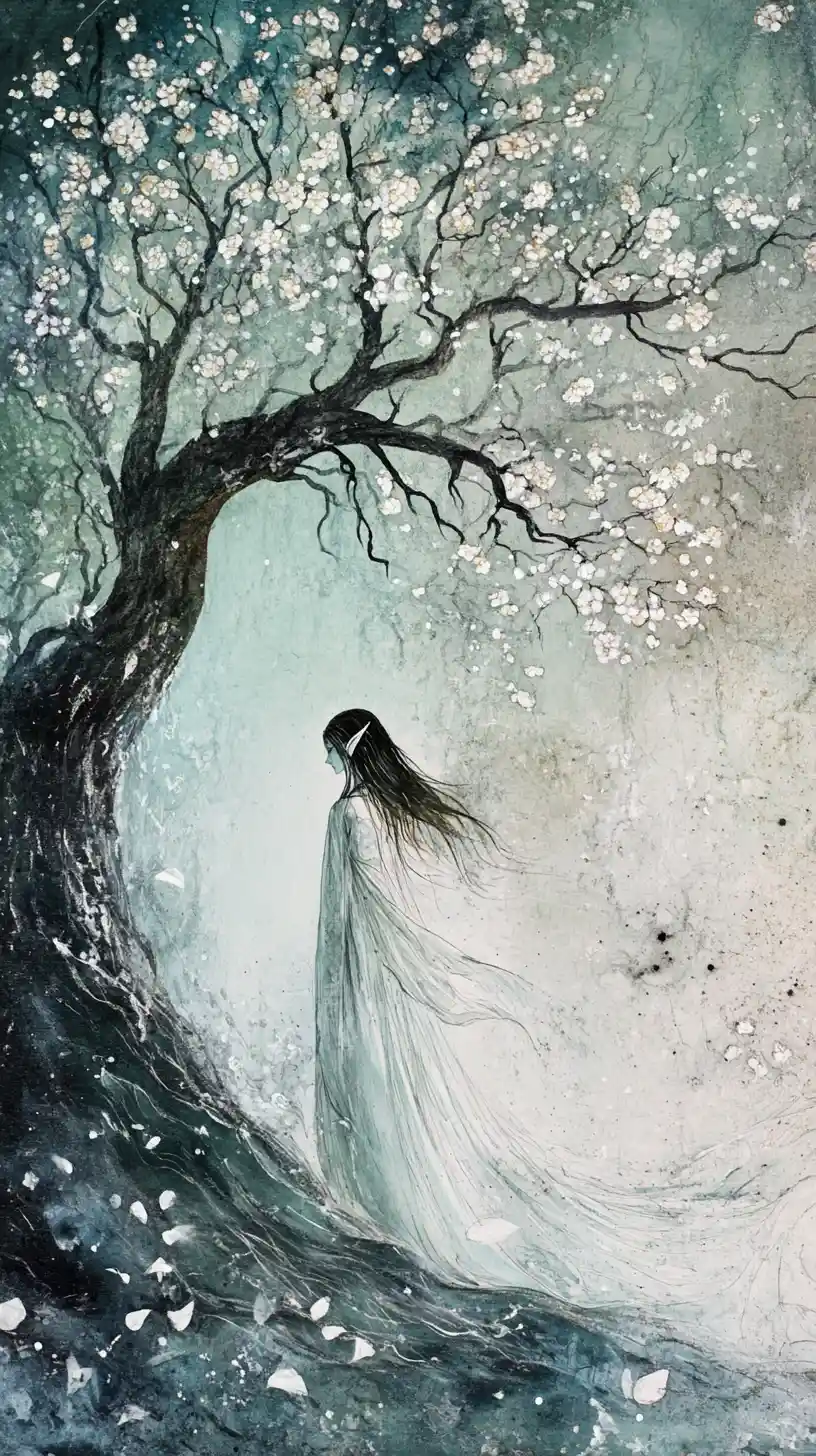 Ethereal elf before a glowing watercolor memory tree