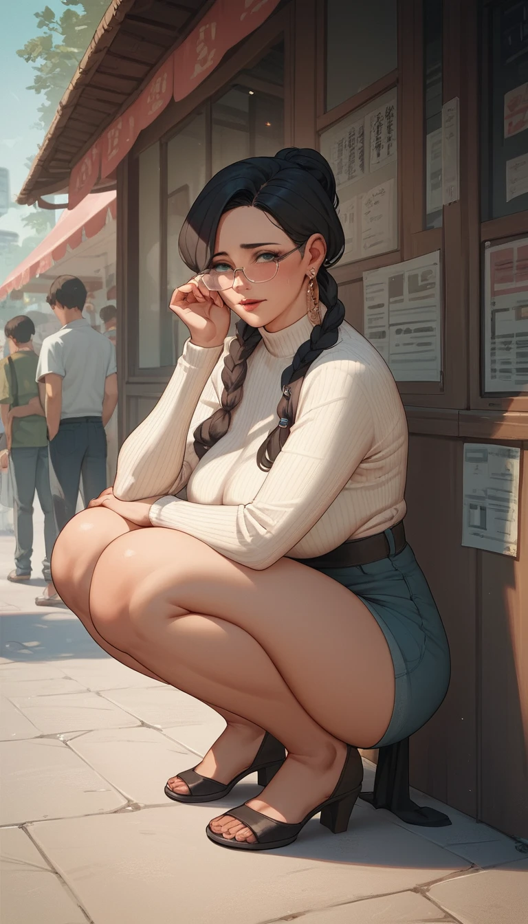Anime-Mädchen mit Brille auf einem belebten Platz