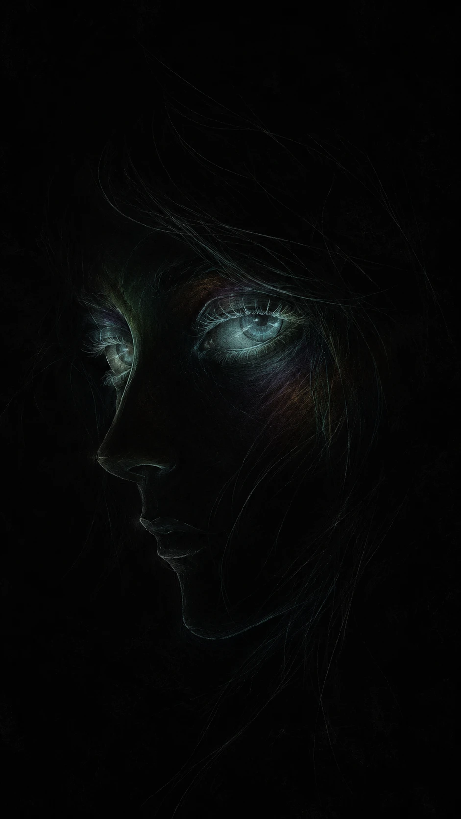 Woman in shadow with glowing bioluminescent blue eyes