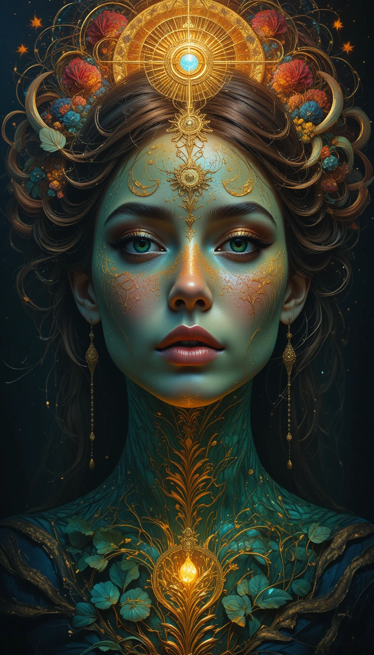 Mystical female face in vibrant symbolic color painting