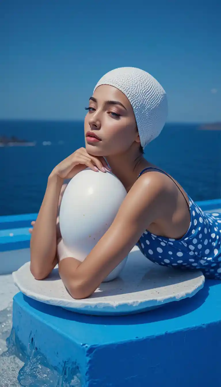Surreal fashion woman reclining by a deep blue seaside