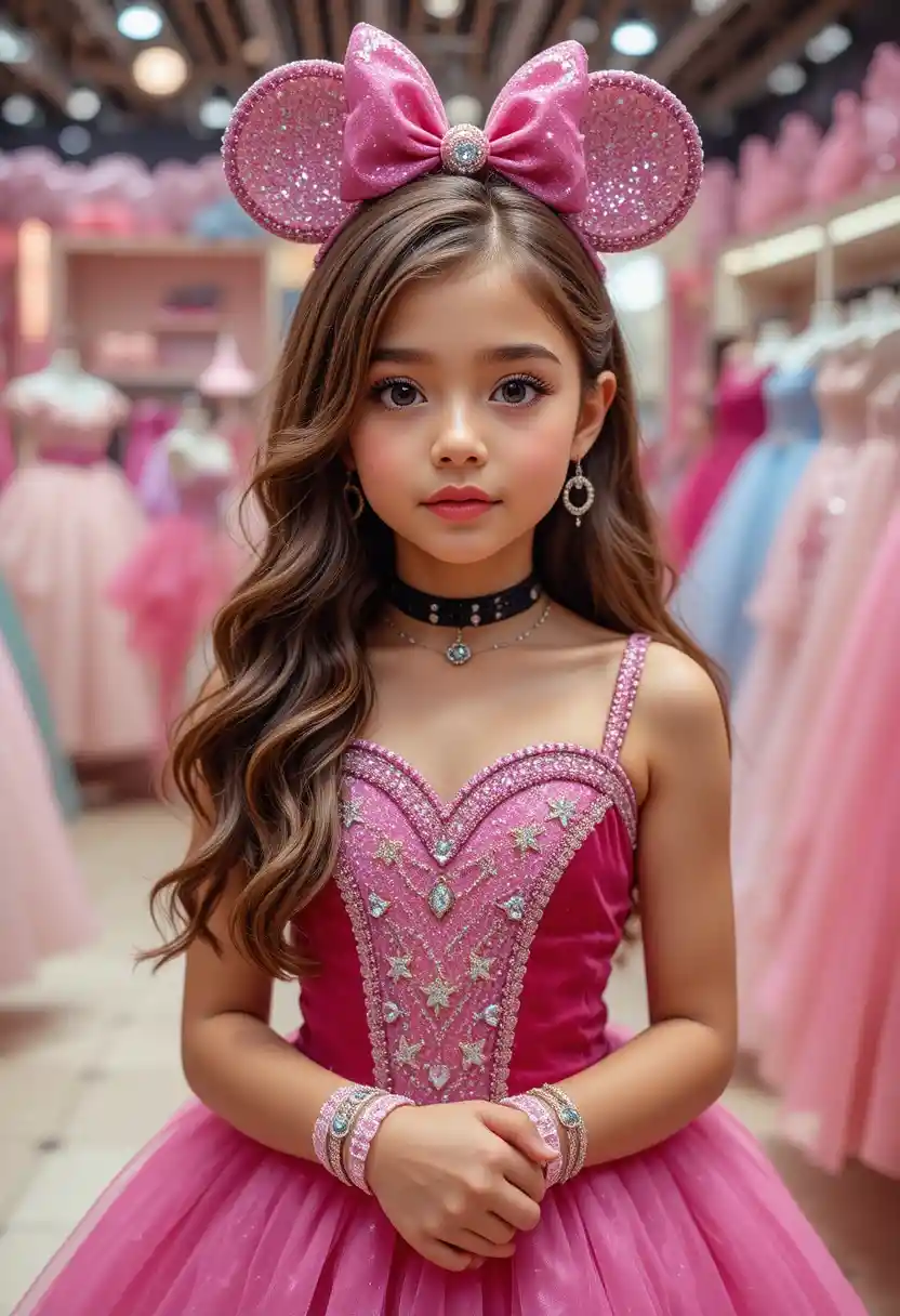 Young girl in pink Minnie dress at boutique