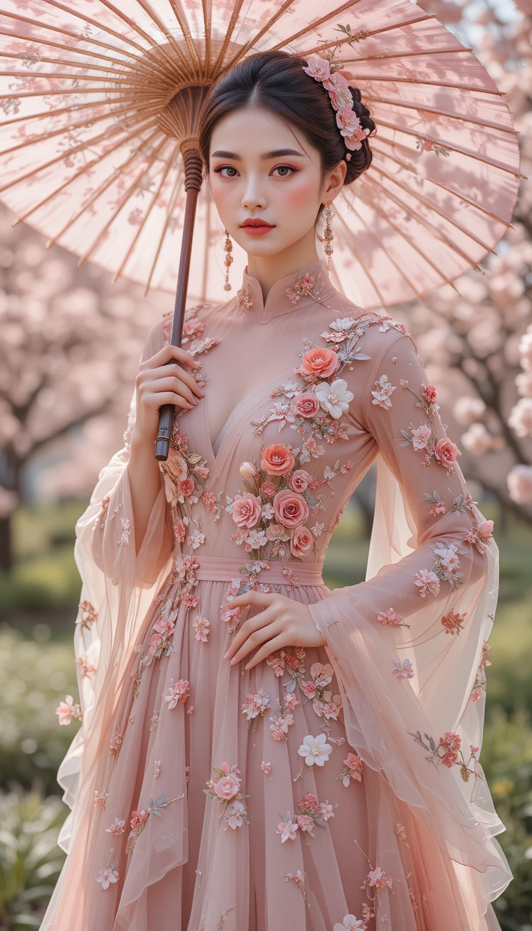 Elegant woman in sakura couture dress with wagasa umbrella
