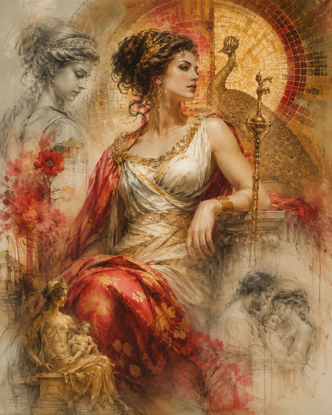 Fantasy-Porträt von Hera vor gold-rotem Mosaikhintergrund
