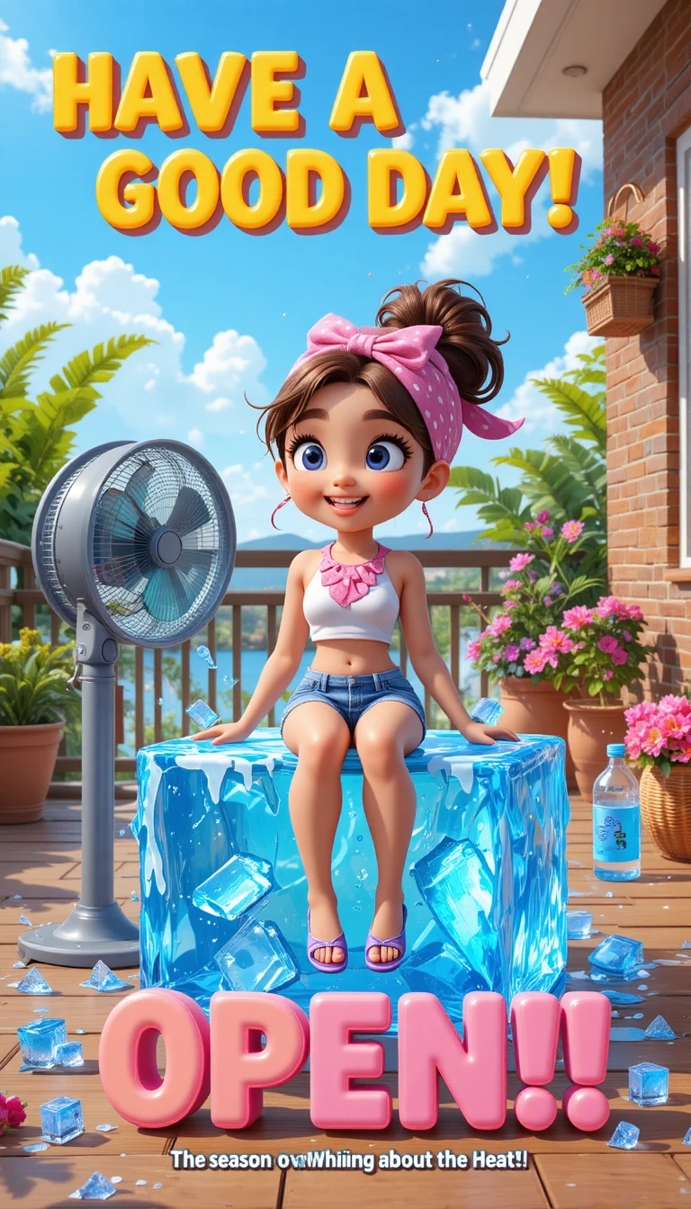 Cheerful girl cooling off on a giant ice cube