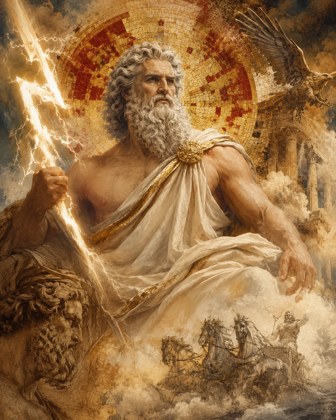 Mythological god Zeus with golden red mosaic background
