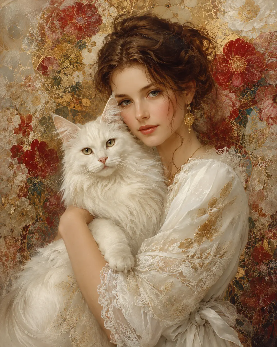Elegant lady holding white cat in artistic close up