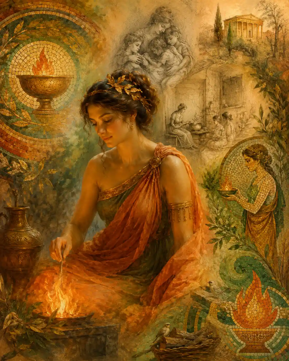 Goddess of sacred hearth fire in mosaic fantasy illustration