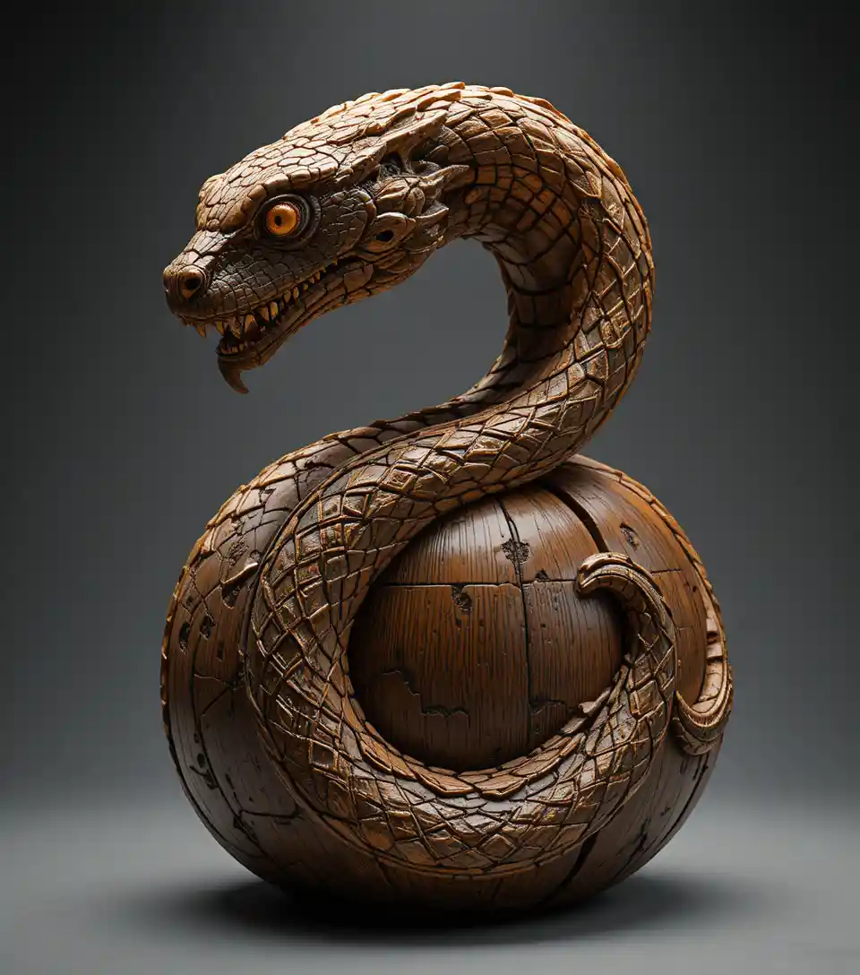 Close up of carved serpent cane handle with dramatic light