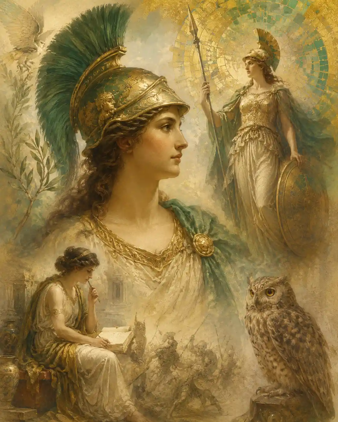Athena goddess of wisdom in fantasy mosaic illustration
