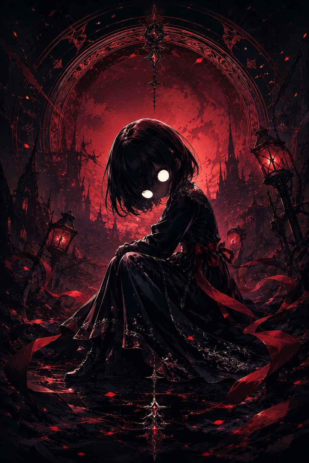 Gothic anime woman in dark ceremonial fantasy fashion