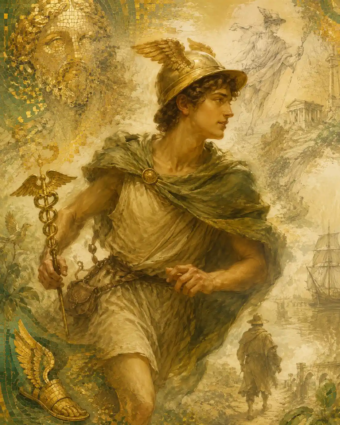 Hermes the divine messenger in colorful mosaic art