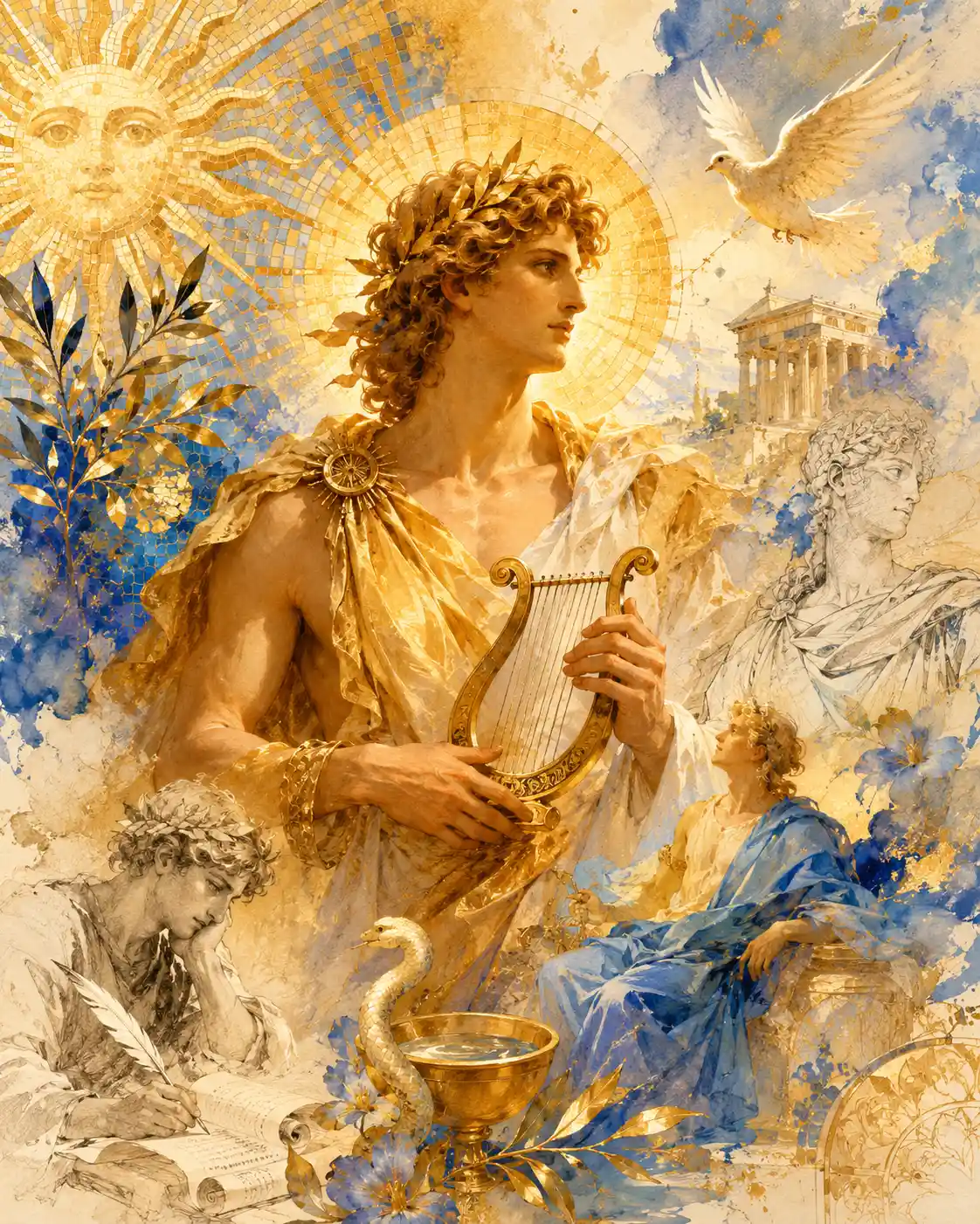 Mythological god of light with mosaic gold and blue background
