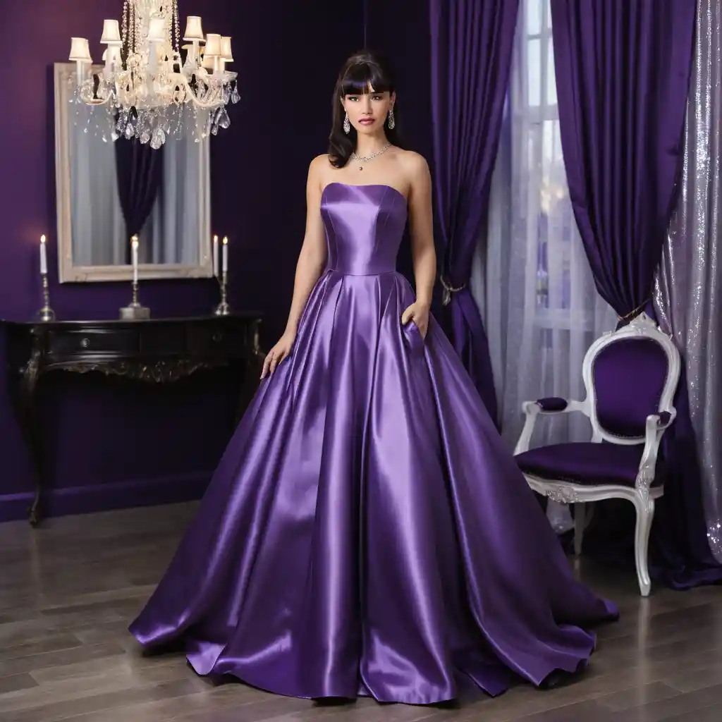 Young woman in royal purple satin ballgown indoors