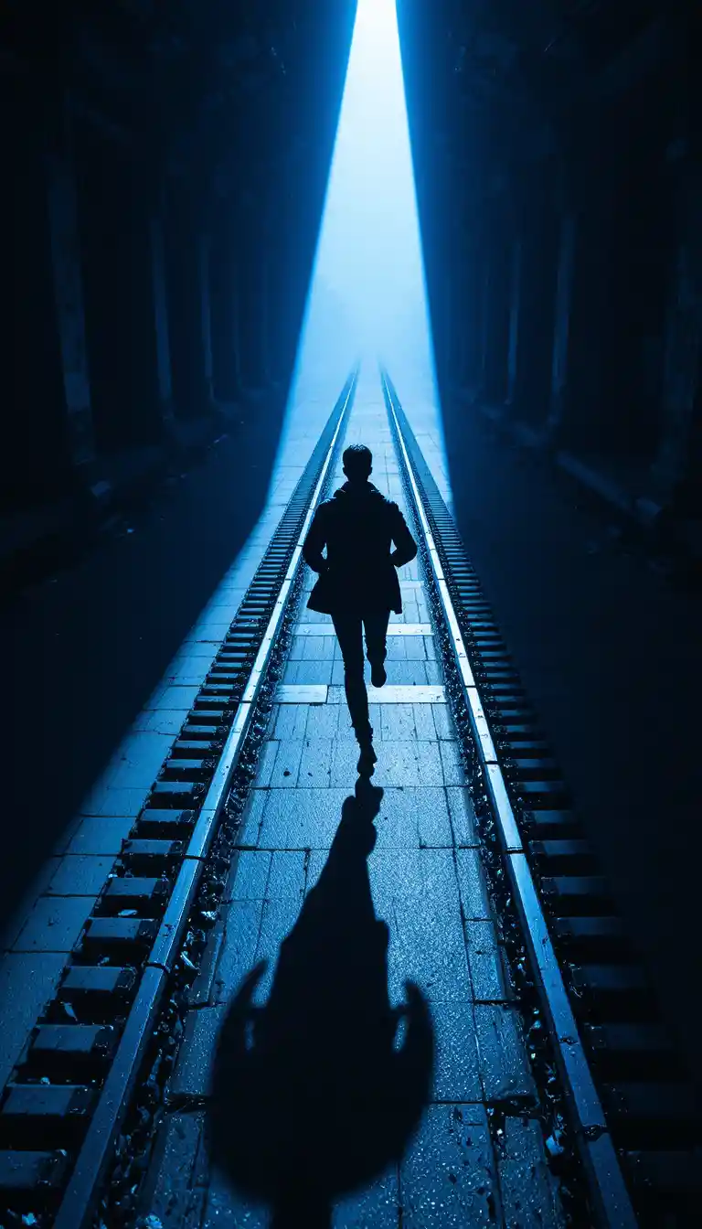 Man running along city train tracks in sharp spotlight