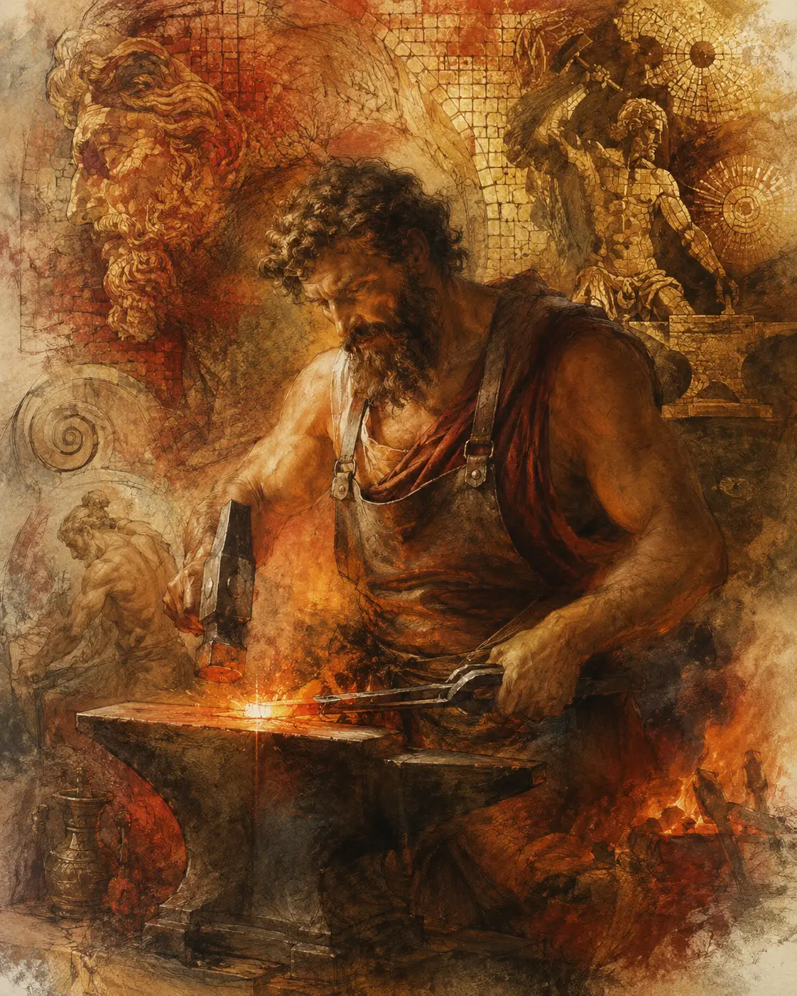 Mythic god of fire with flowing mosaic background
