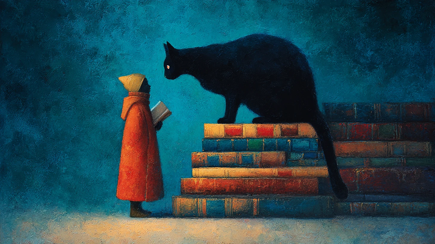 Professor and black cat in a surreal drowned library