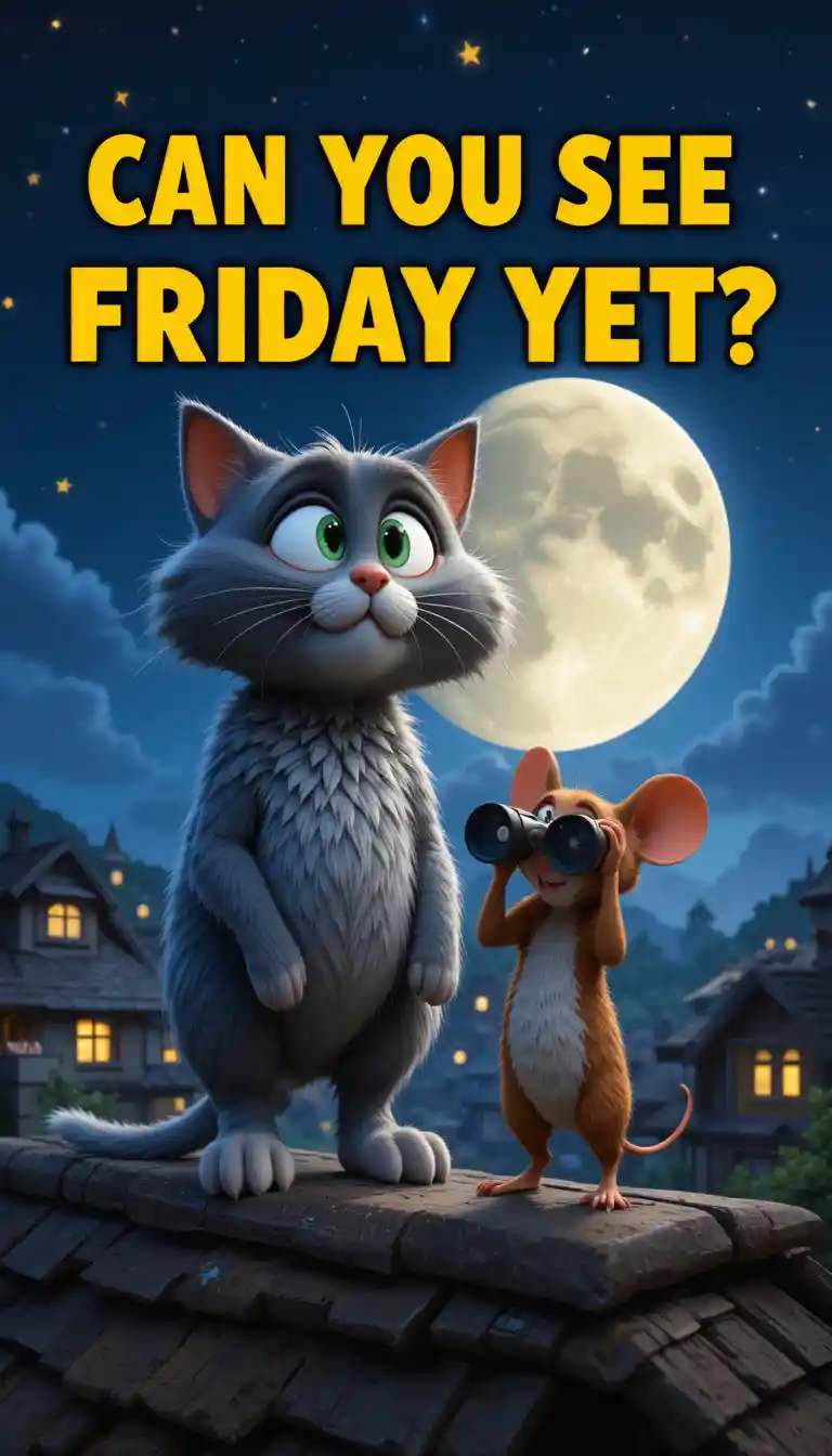 Funny cat and mouse on a moonlit village rooftop