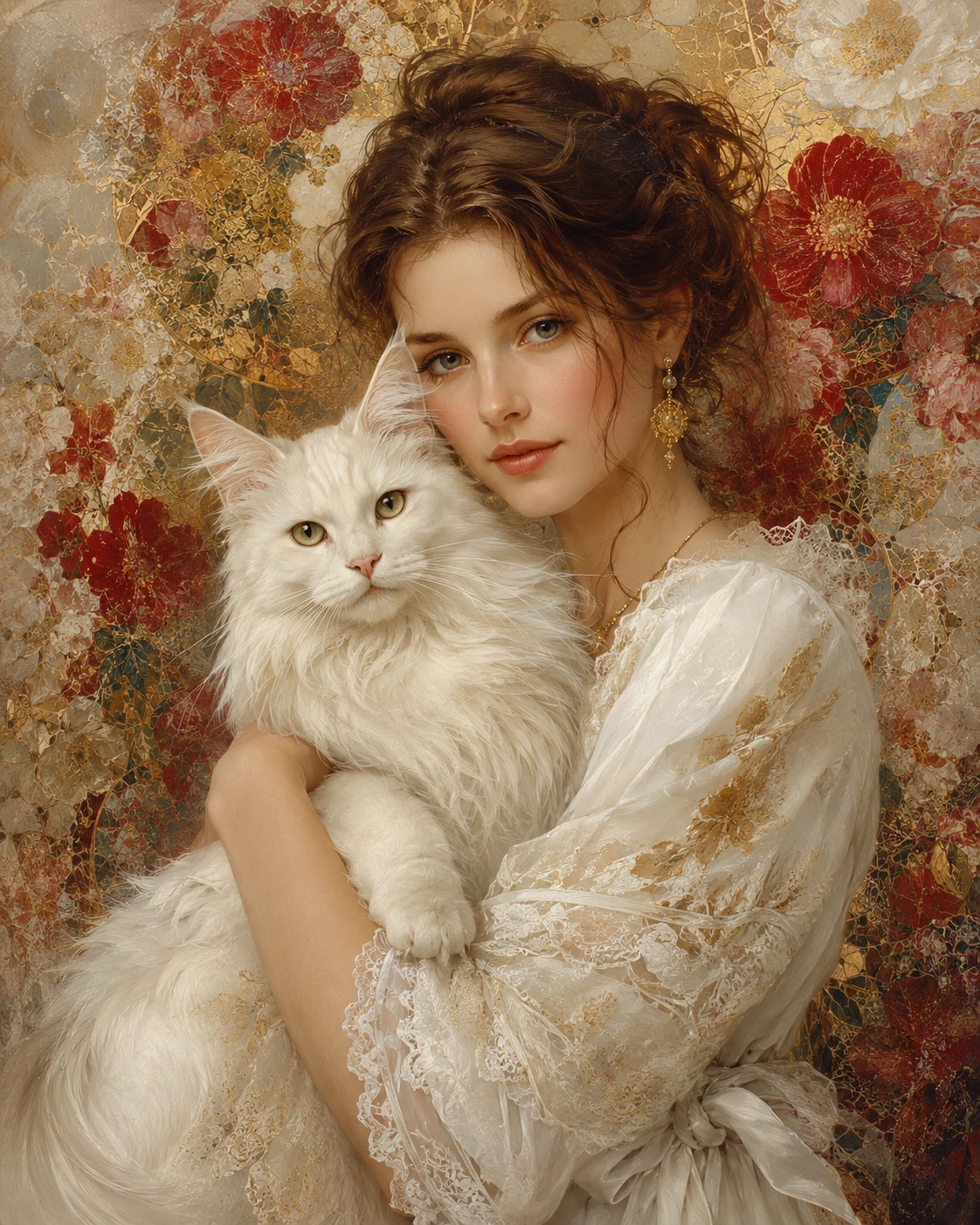 Dama elegante sosteniendo un gato blanco en primer plano artístico
