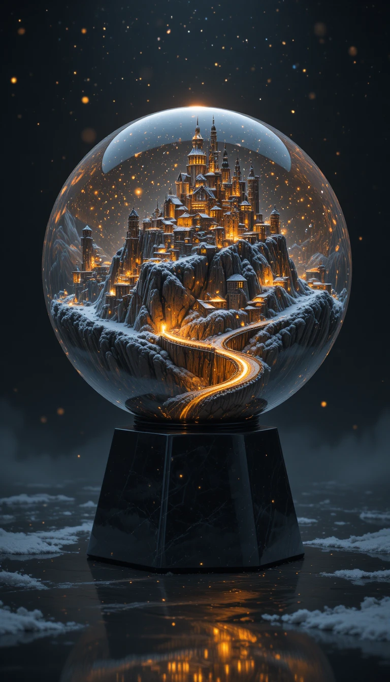 Crystal sphere with glowing winter city and golden river