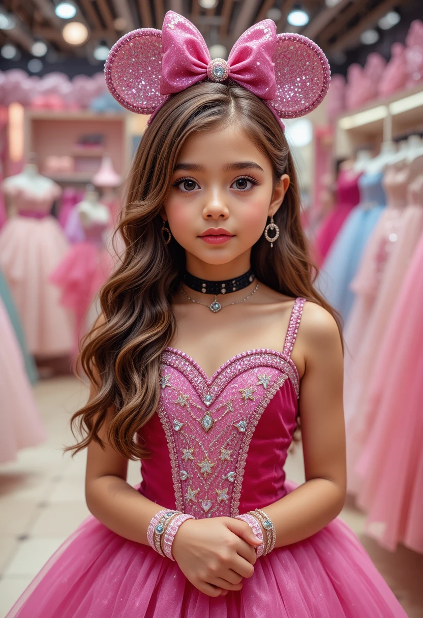 Young girl in pink Minnie dress at boutique