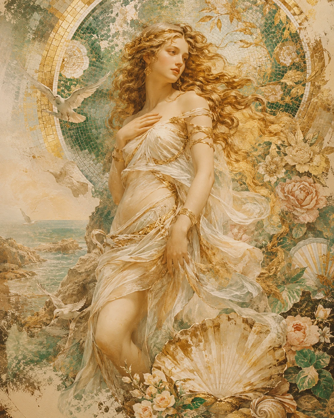 Retrato de diosa de fantasía romántica con fondo de mosaico dorado