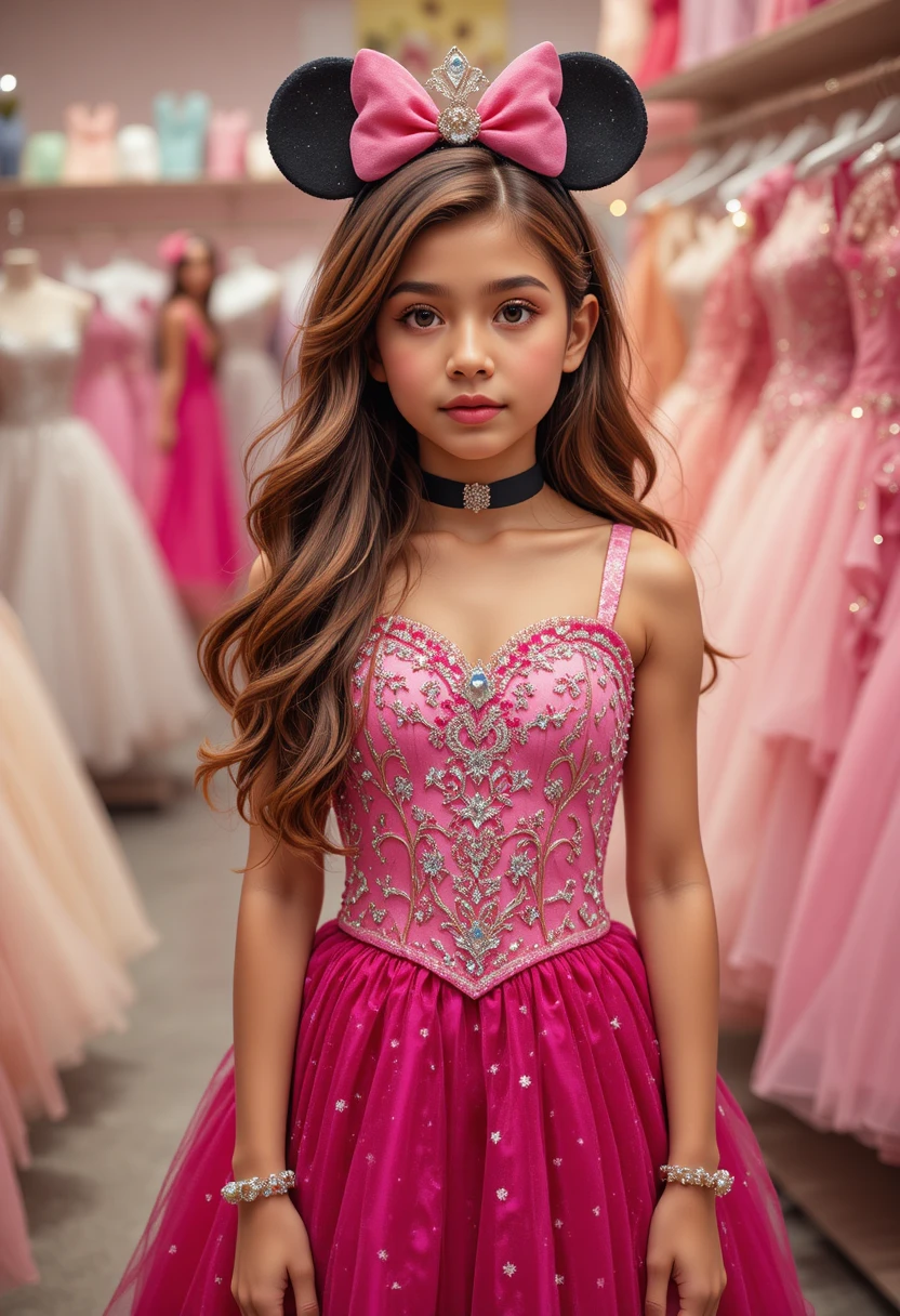 Young girl in pink minnie gown at disney dress shop