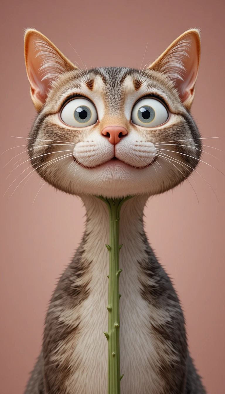 Close up 3D cat holding a pink gerbera daisy