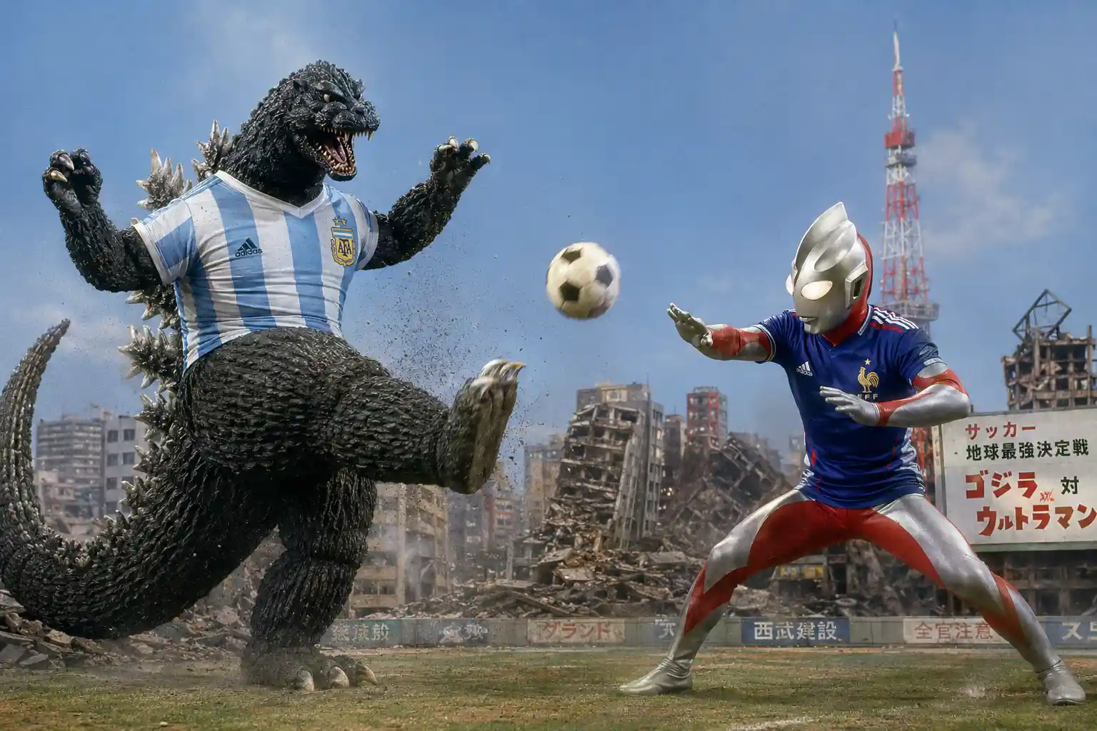 Godzilla and Ultraman soccer duel in ruined cityscape