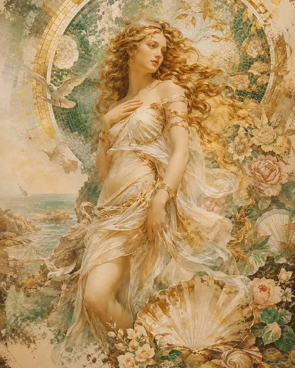 Romantisches Fantasy-Göttinnenporträt mit goldenem Mosaikhintergrund