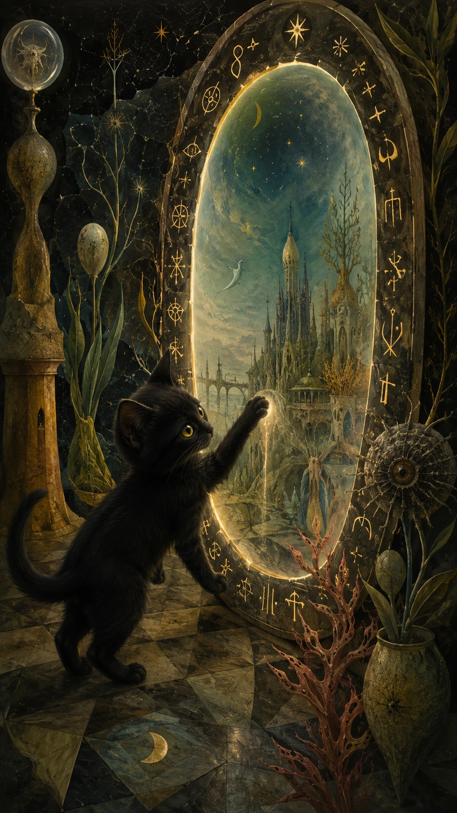 Gatito negro curioso jugando con un portal mágico resplandeciente