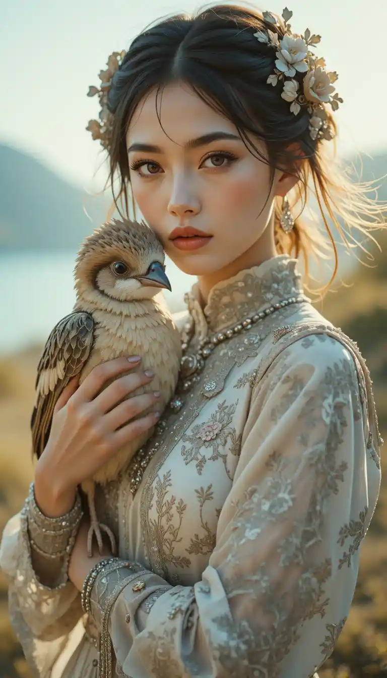 Sensual fashion portrait of a woman holding an animal outdoors
