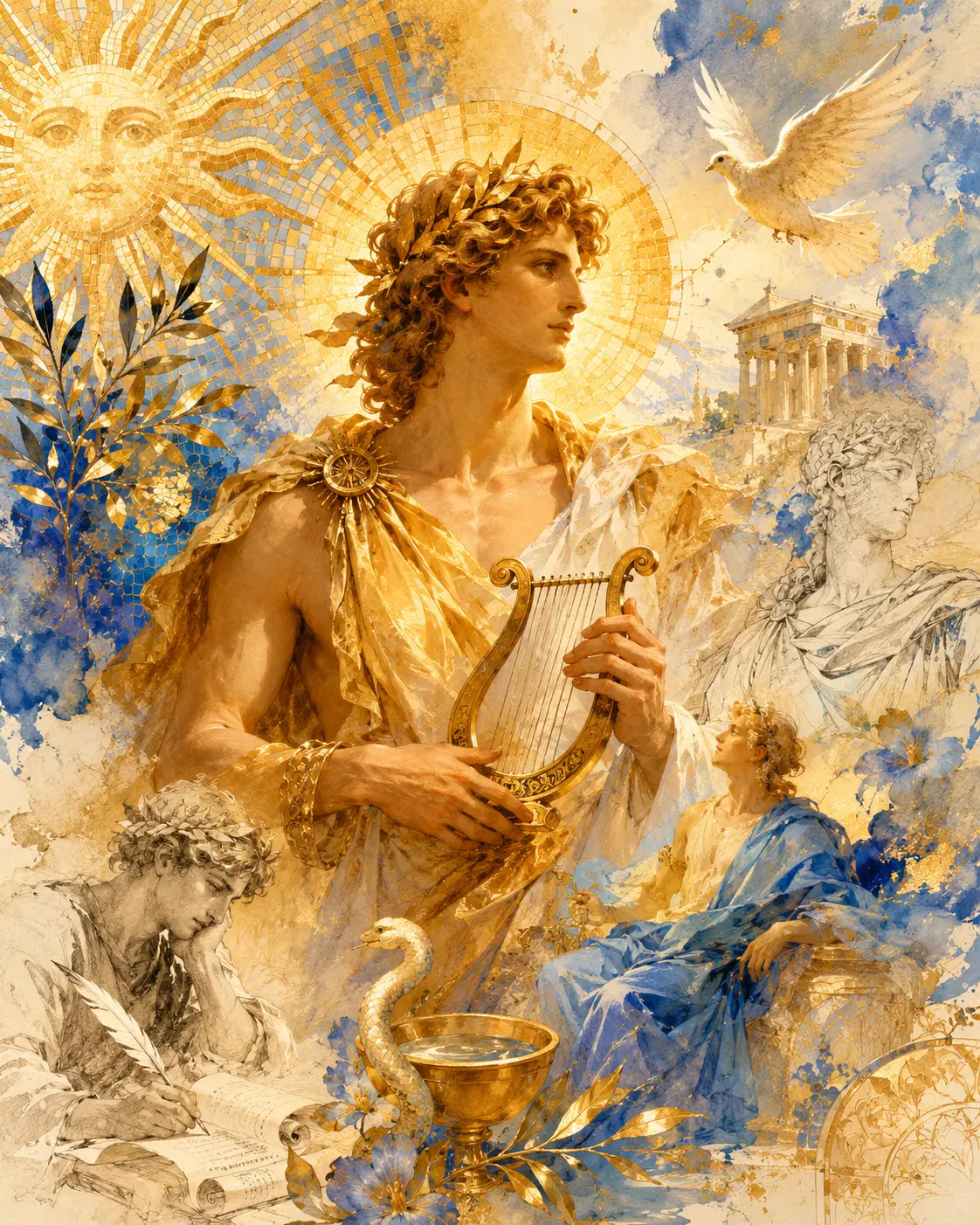Mythological god of light with mosaic gold and blue background