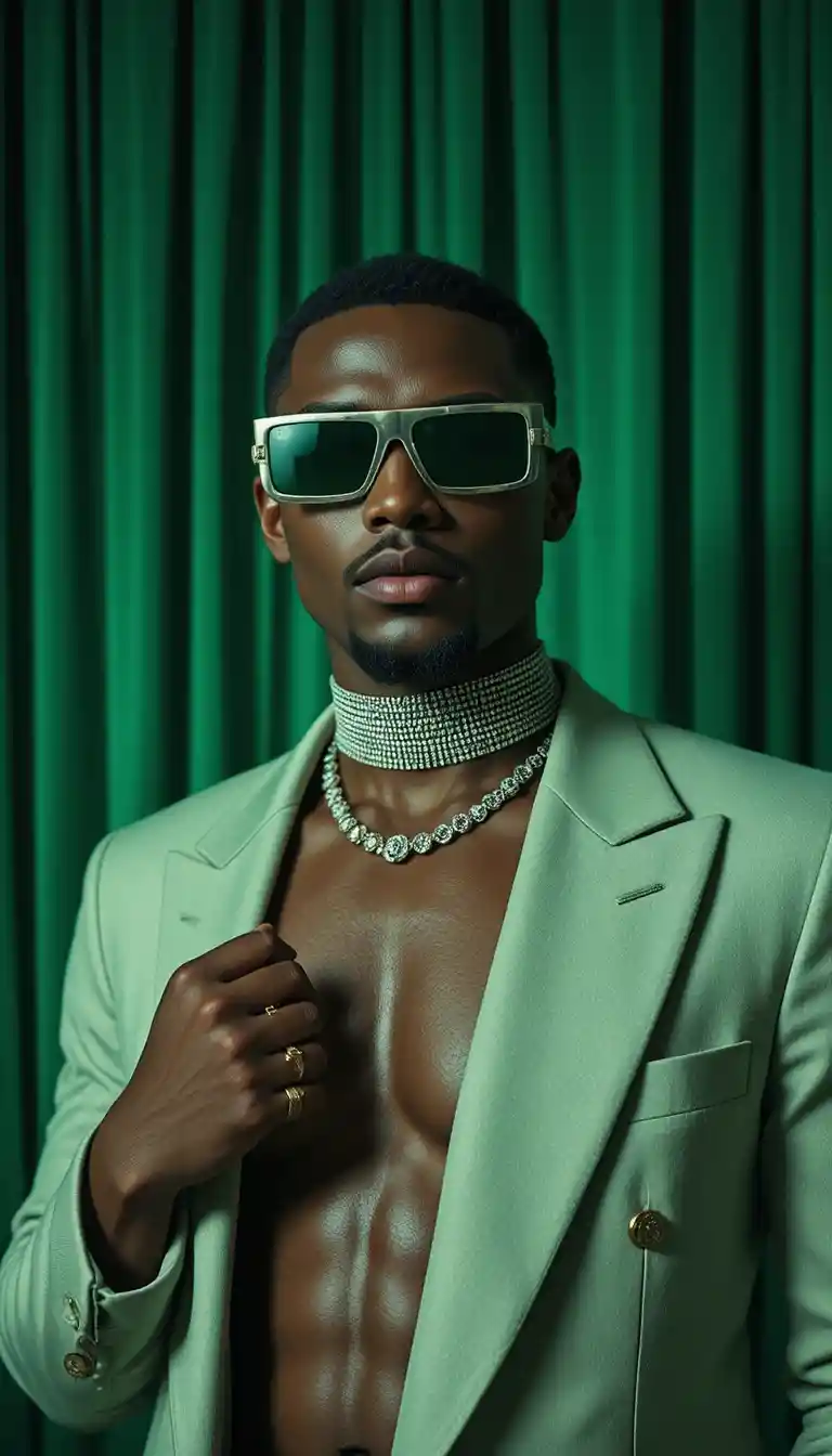 Stylish man in green blazer with rhinestone choker