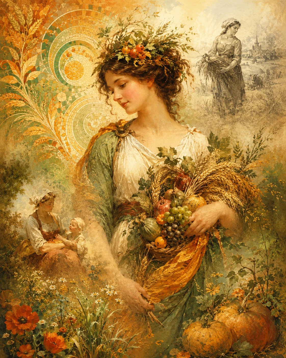 Deméter, diosa de la fertilidad en arte de mosaico colorido