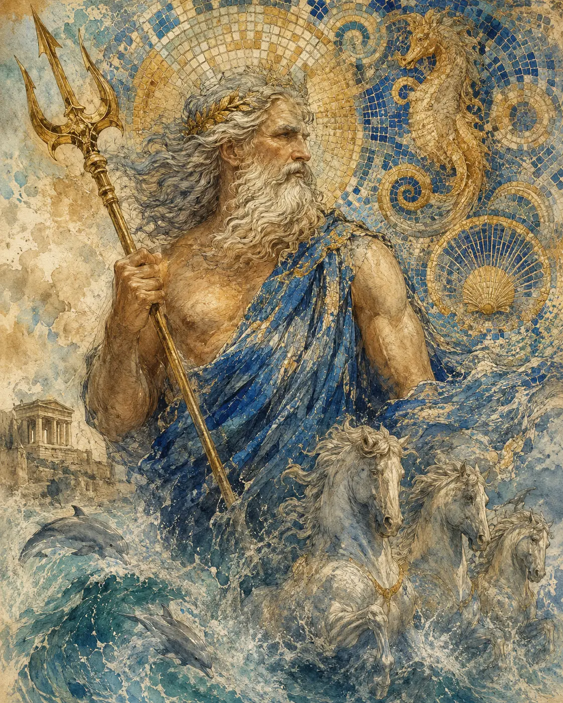 Majestic sea god in a classical inspired fantasy illustration