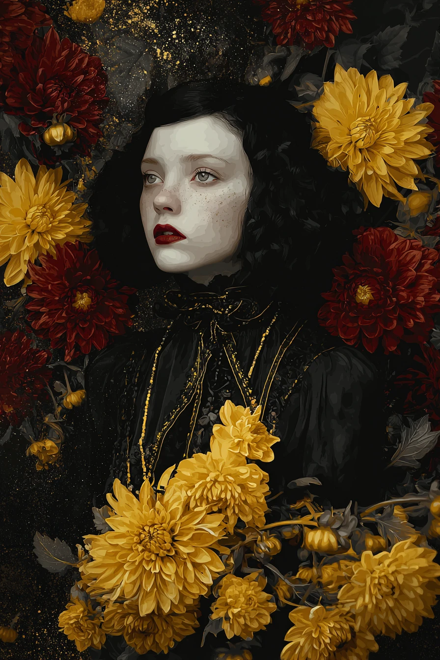 Surreal yellow flowers glowing in a dark abstract void